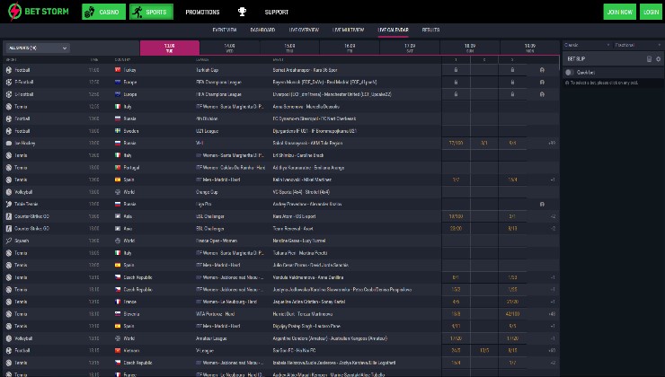 The live betting calendar at BetStorm