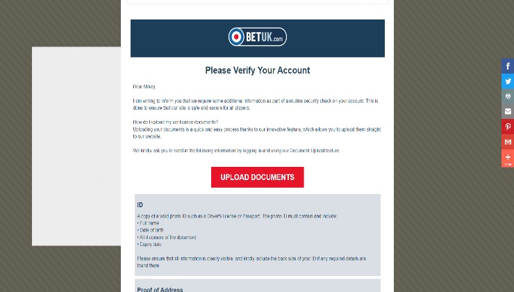 Verification request email from BetUK
